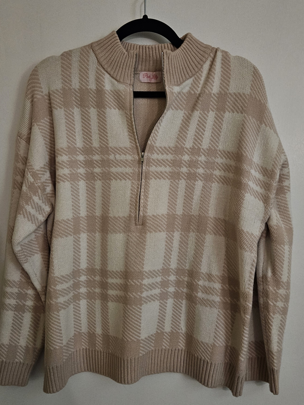Pink Lily Plaid Half-Zip Sweater - Beige & Cream